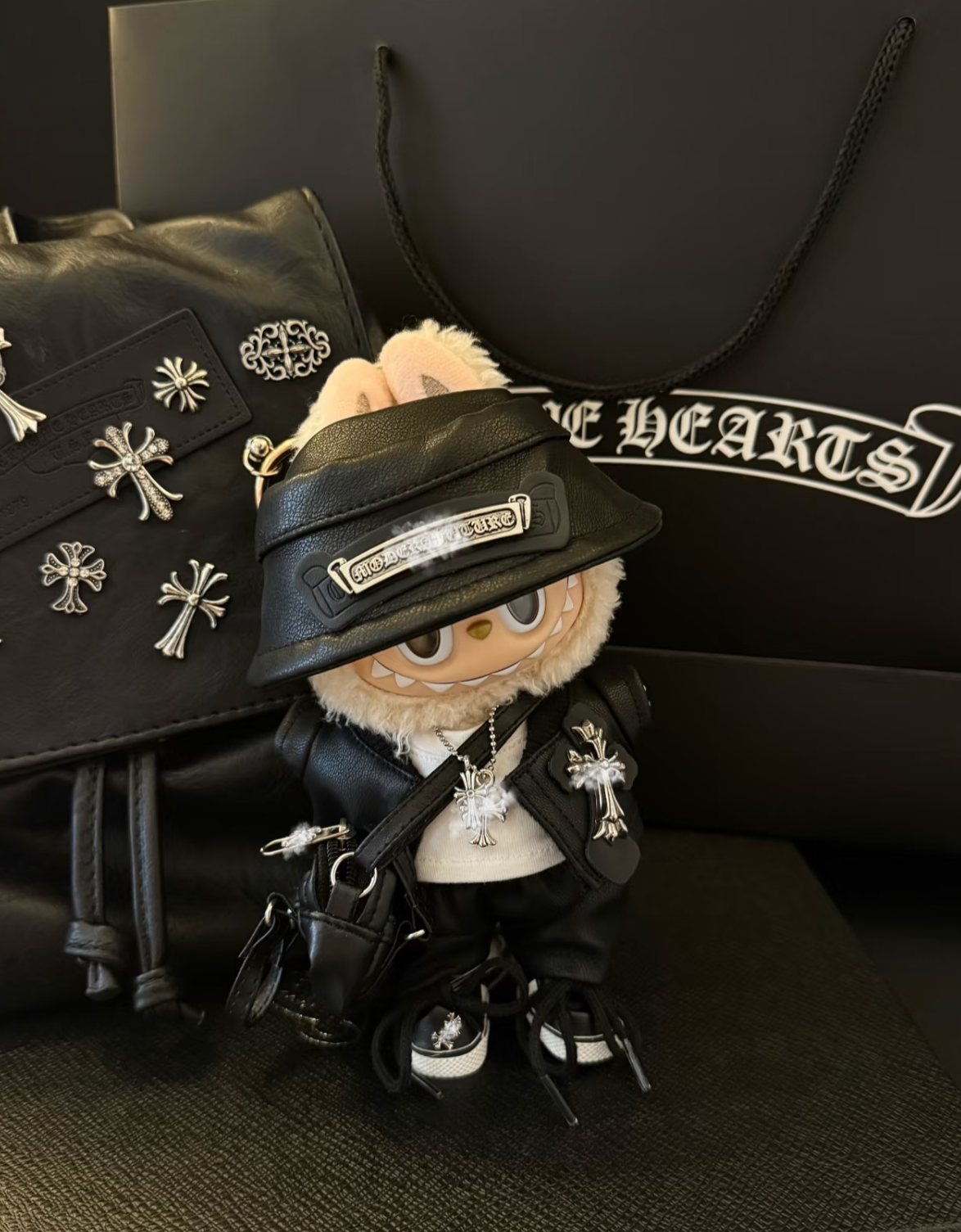 Haute couture cross leather jacket set for labubu PUNK outfit Dark Style black wings clothes