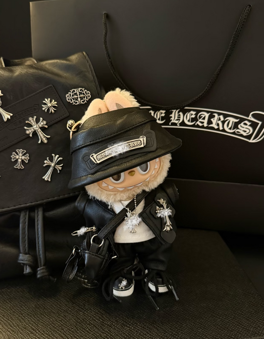 Haute couture cross leather jacket set for labubu PUNK outfit Dark Style black wings clothes