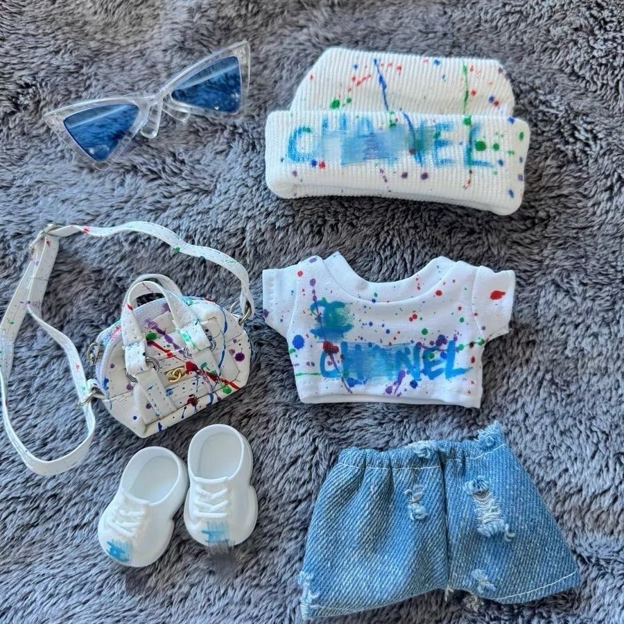 🦄🌈Chan*l splash-ink style outfit for Labubu/Zimomos 6 pcs set labubu accessories and clothes