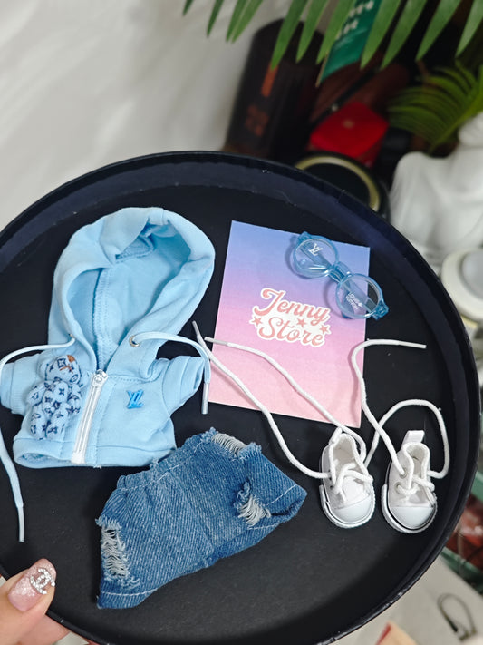 L* LABUBU Chill luxpin clothes mini tidy baby blue and pink bear jeans outfit 🧸💙💖
