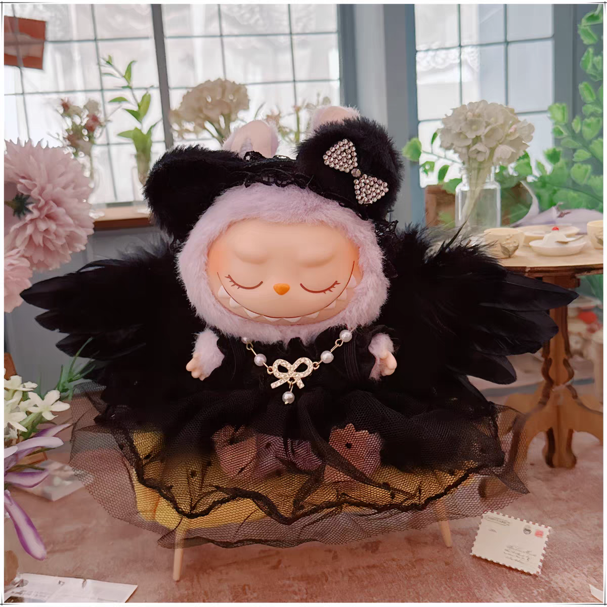 Labubu Retro angel wings wedding outfit Black and White