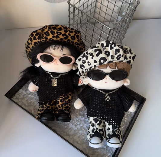 Leopard print beret design with a sense of hollowed-out top fashionable outfits for Labubu and 10-15cm cotton doll