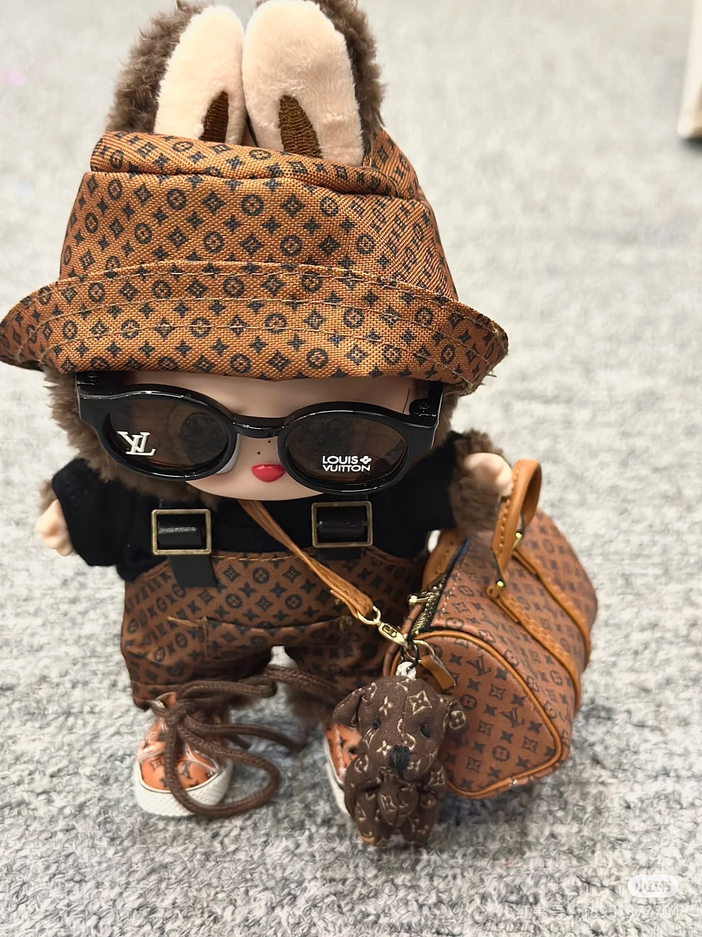 Labubu Luxury LV Outfit Brown Strap pants vintage hat and teddy bear