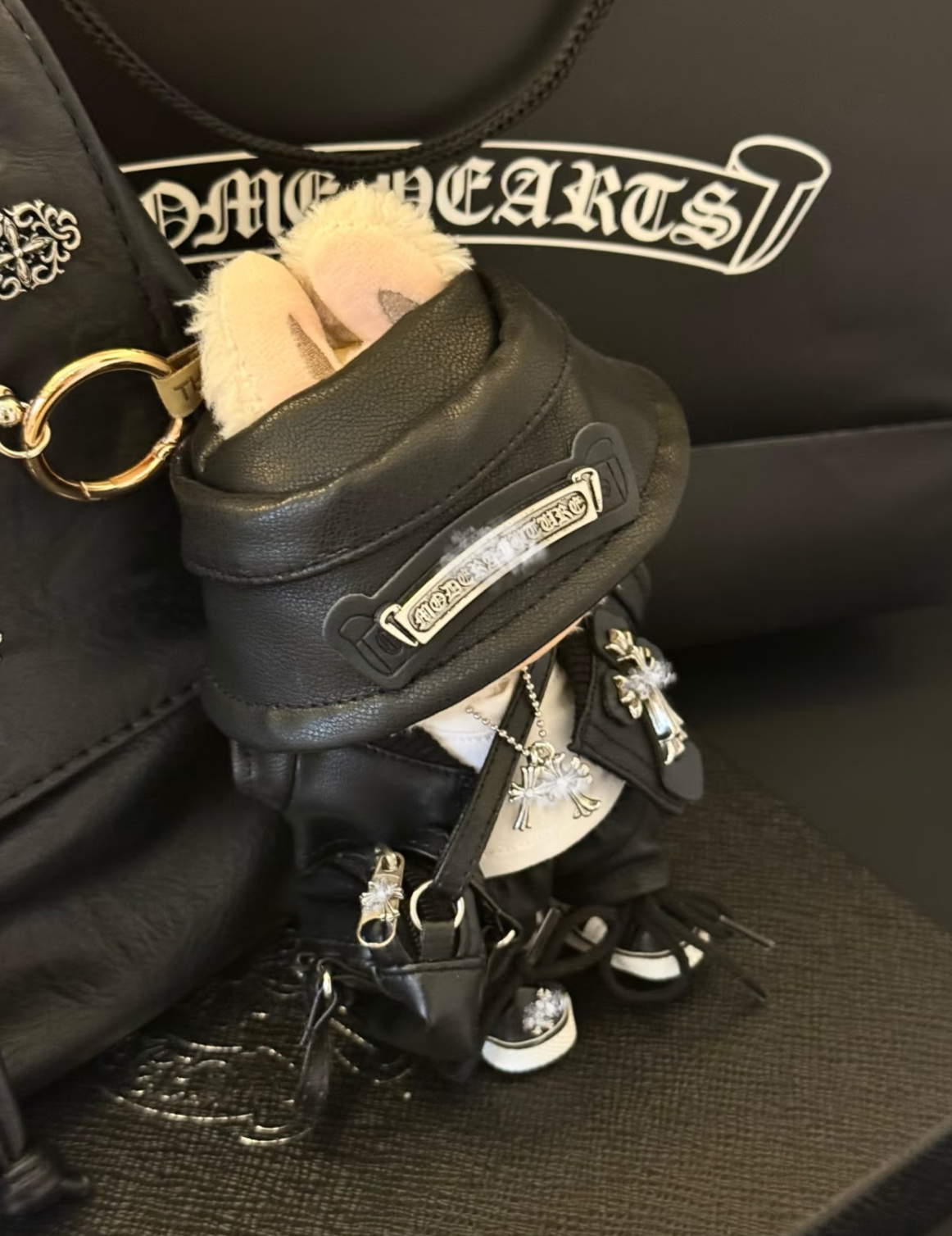 Haute couture cross leather jacket set for labubu PUNK outfit Dark Style black wings clothes
