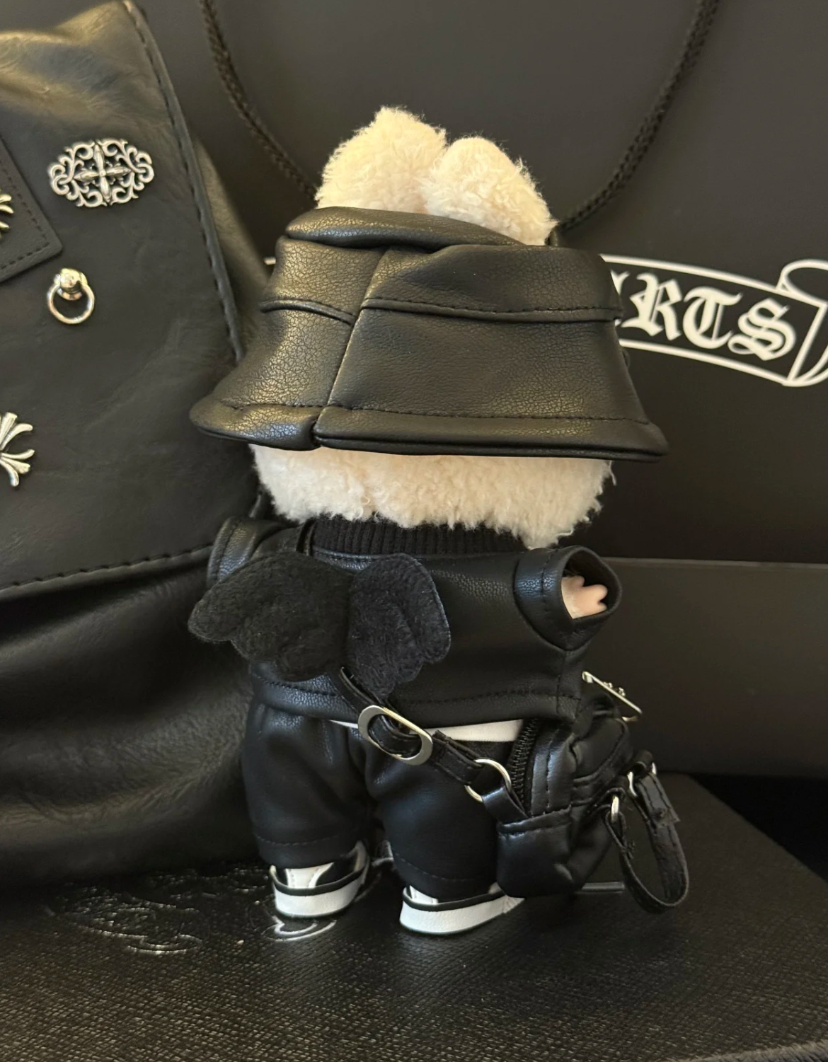 Haute couture cross leather jacket set for labubu PUNK outfit Dark Style black wings clothes